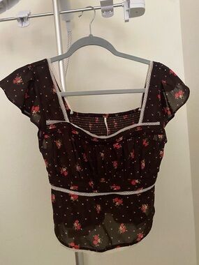 Free People Black Floral Square-Neck Peasant Top with Pink Roses